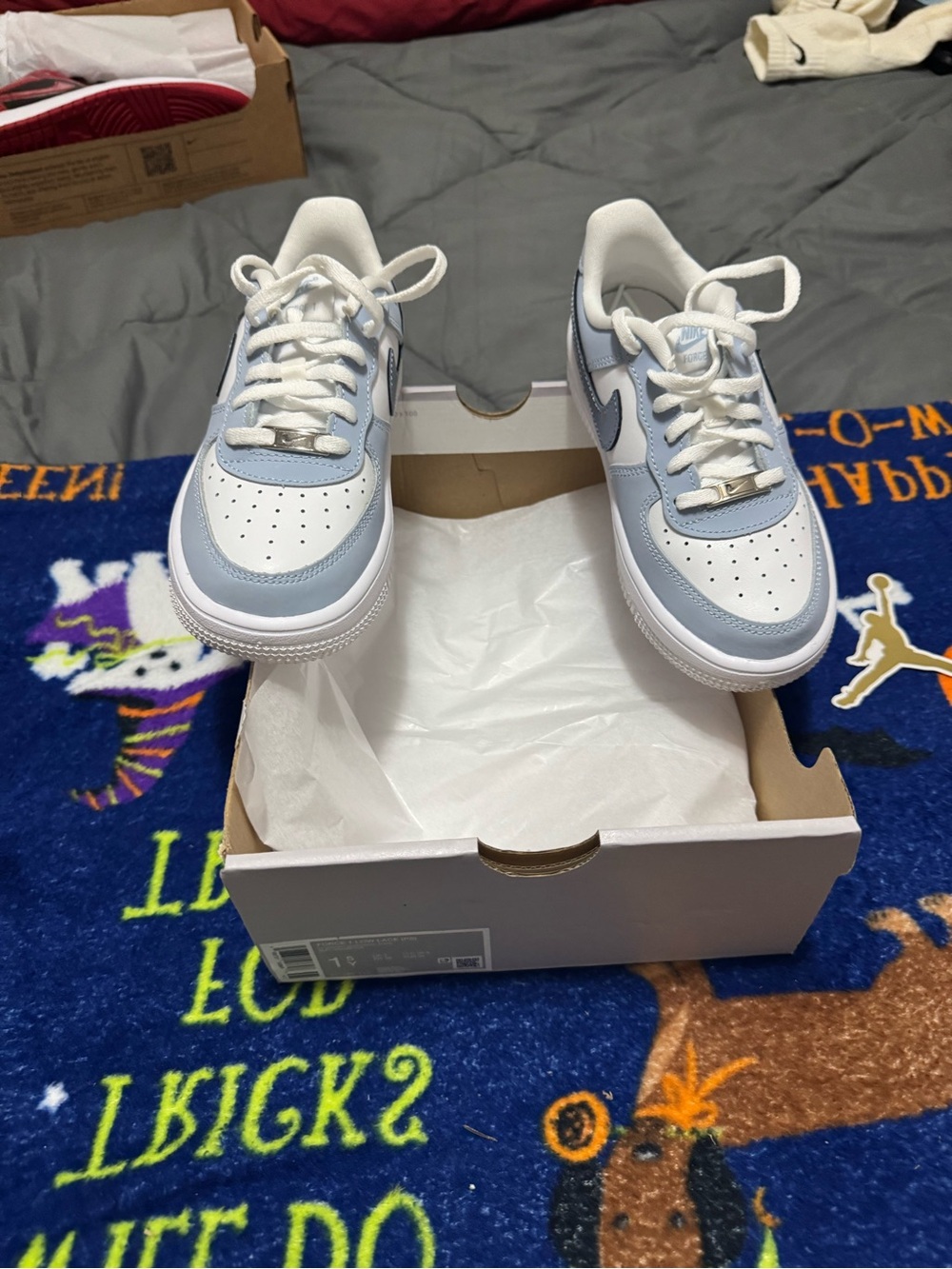 Kids Nike Air Force 1 Low White and Light Blue Low-Top Sneakers
